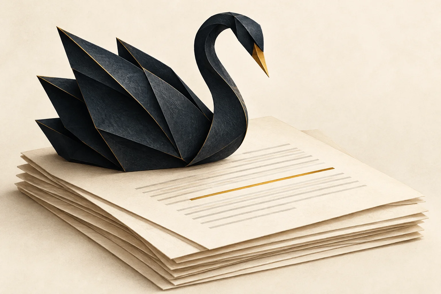 A folded black paper swan on contract pages, symbolising an unexpected obligation.