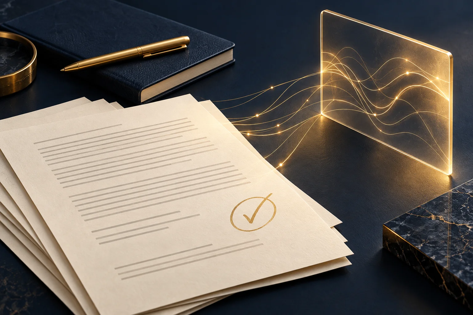 Contract pages and a digital workflow, illustrated in navy and gold.
